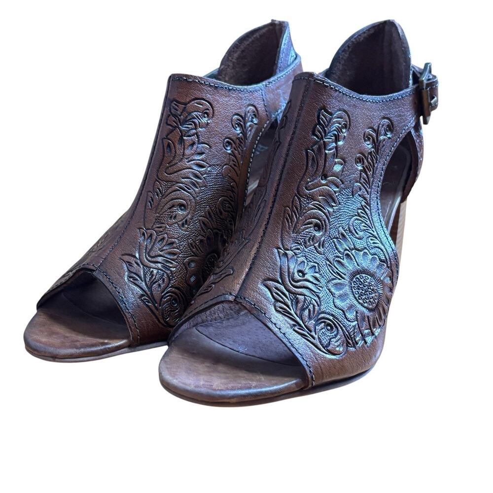 Roper Tooled Leather Heeled Sandals Brown Floral Embossed Western Boho Women 7.5